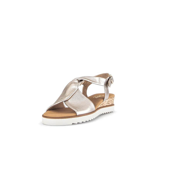 Gabor 62.751.82 beige leather buckle ladies' sandals with wedge heel and white sole.