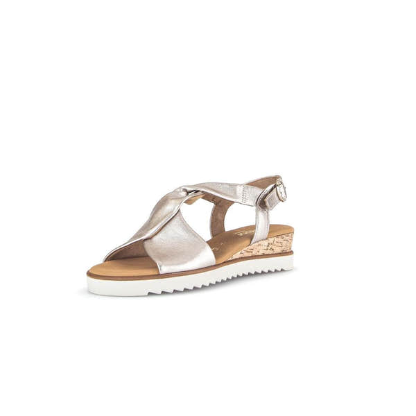 Gabor 62.751.82 beige leather platform sandals with buckle, cork heel, and white rubber sole for women.