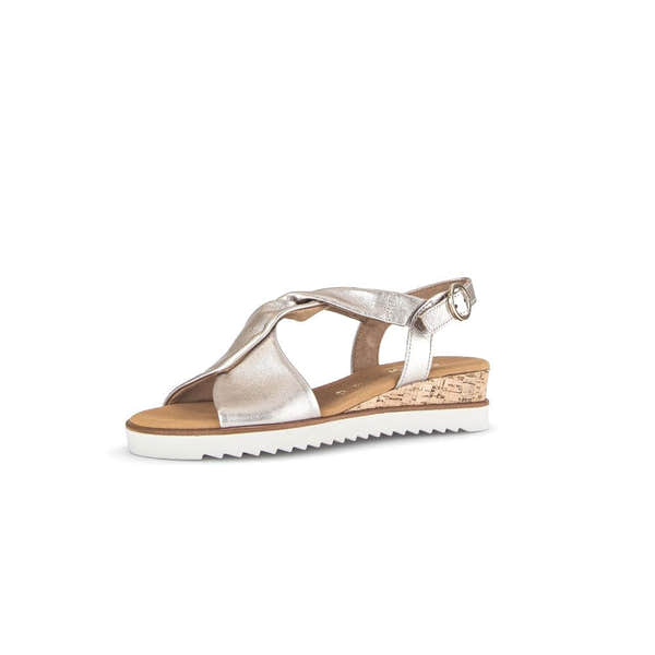 Gabor women's beige leather buckle sandals with cork heel and white rubber sole.