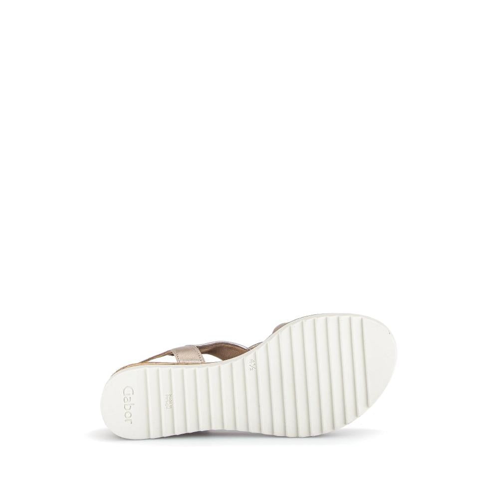 Gabor women's beige leather buckle sandals with textured sole and low heel, stylish and comfortable occasion footwear.