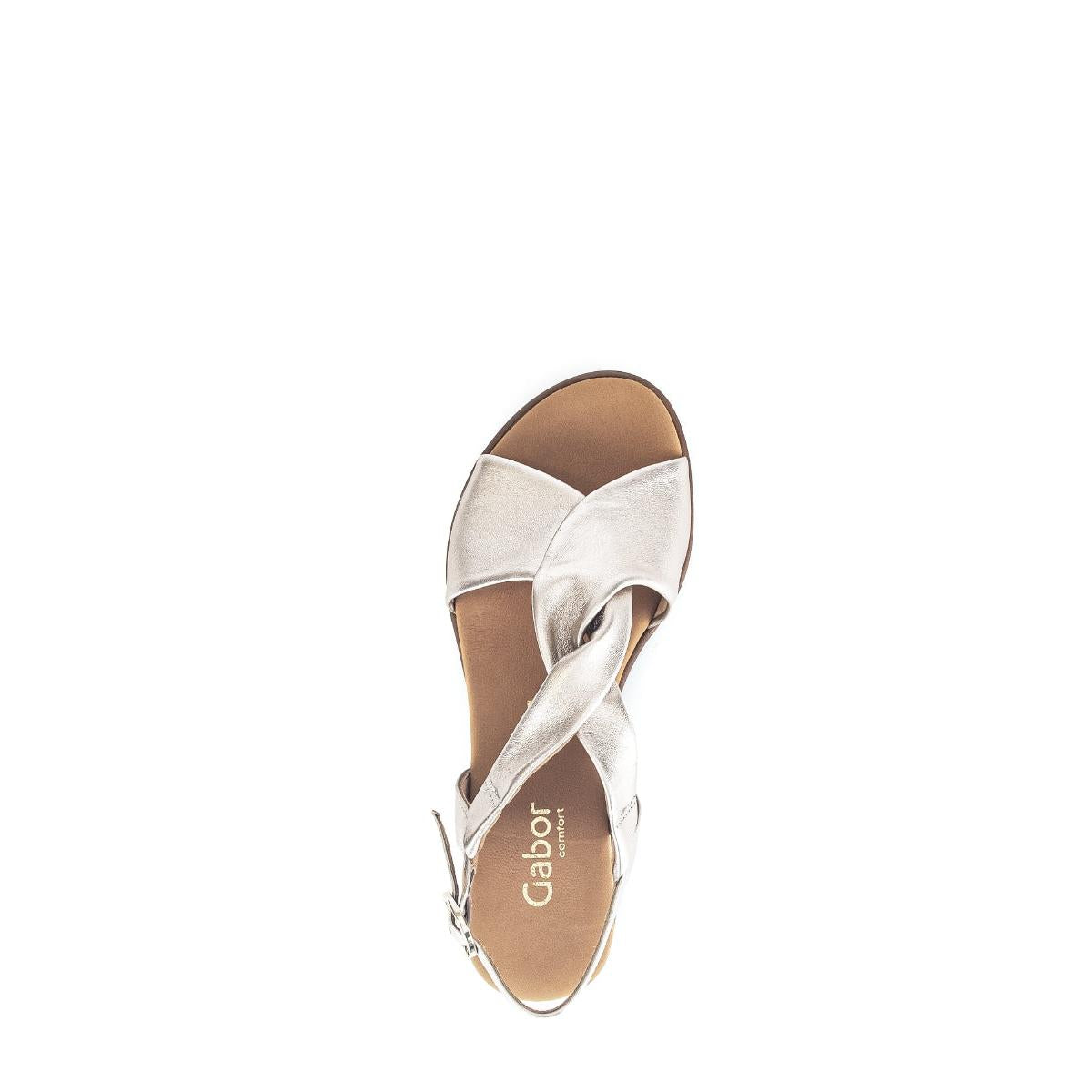 Gabor 62.751.82 beige leather ladies' buckle sandals with twisted ribbon straps and flat sole.