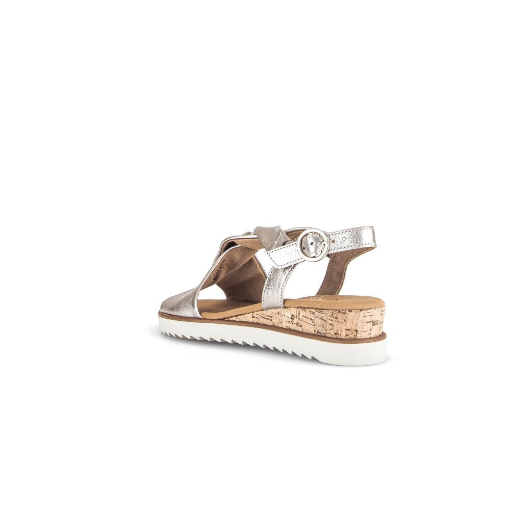 Gabor women's beige leather buckle sandals with cork platform and white rubber sole.