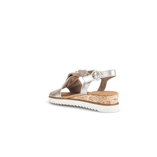 Gabor women's beige leather buckle sandals with cork platform and white rubber sole.