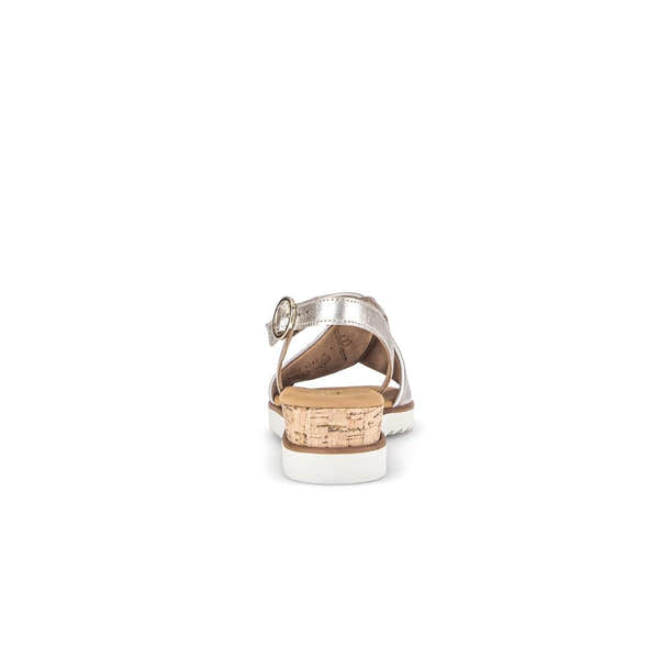 Gabor 62.751.82 beige leather buckle sandal with cork heel and white sole for women.