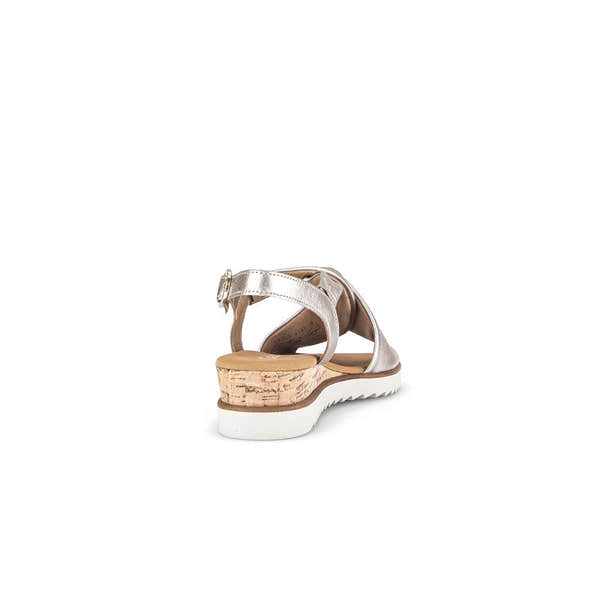 Gabor women's beige leather buckle sandals with cork wedge heel and white rubber sole.
