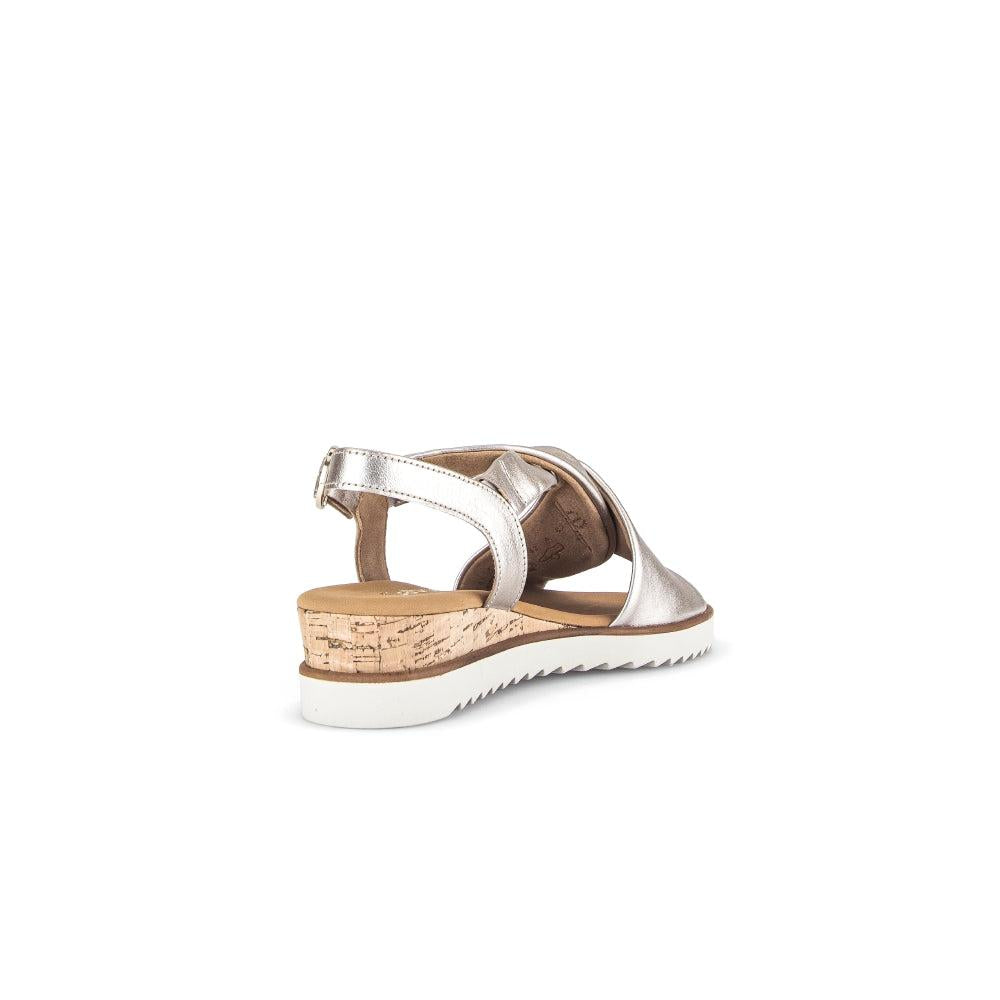 Gabor Women's Beige Leather Buckle Sandals with Cork Wedge Heel and White Sole.