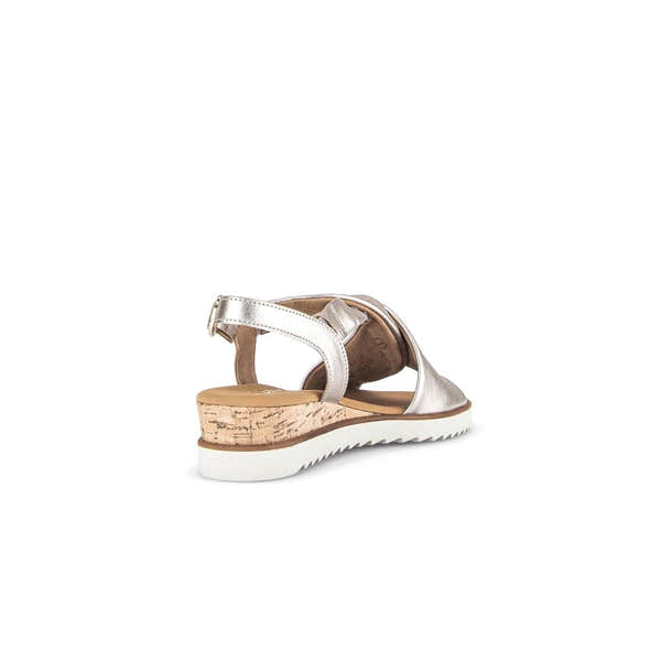 Gabor Women's Beige Leather Buckle Sandals with Cork Wedge Heel and White Sole.