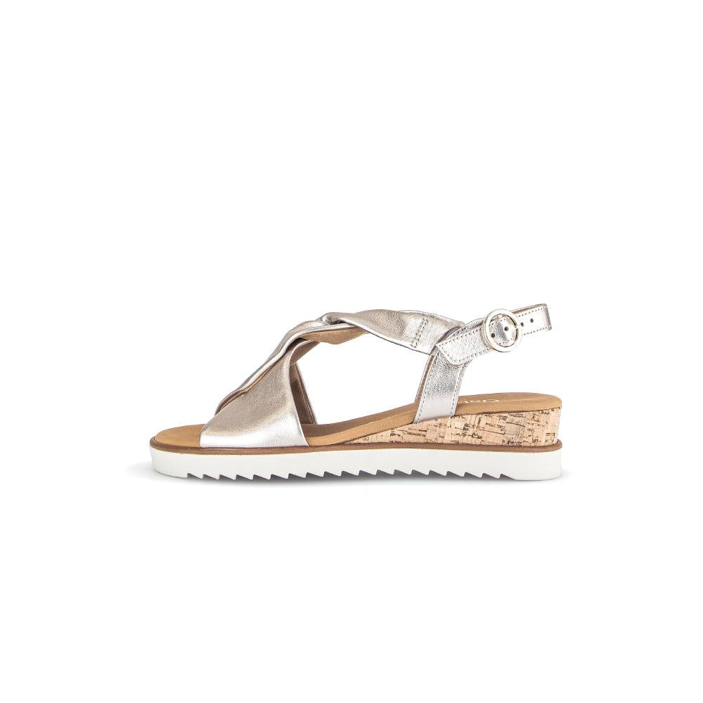 Gabor 62.751.82 beige leather buckle sandals for women with cork heel and white sole.