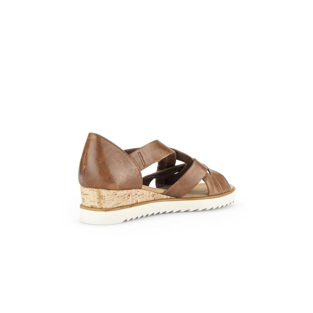 Gabor women's brown leather slip-on sandals with cork wedge sole and white rubber outsole.