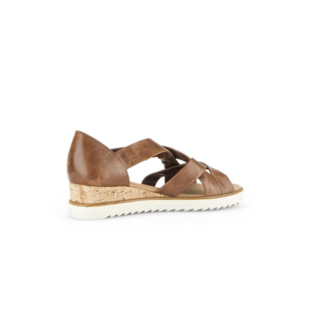 Gabor women's brown leather slip-on sandals with a cork wedge sole and white ridged rubber outsole.
