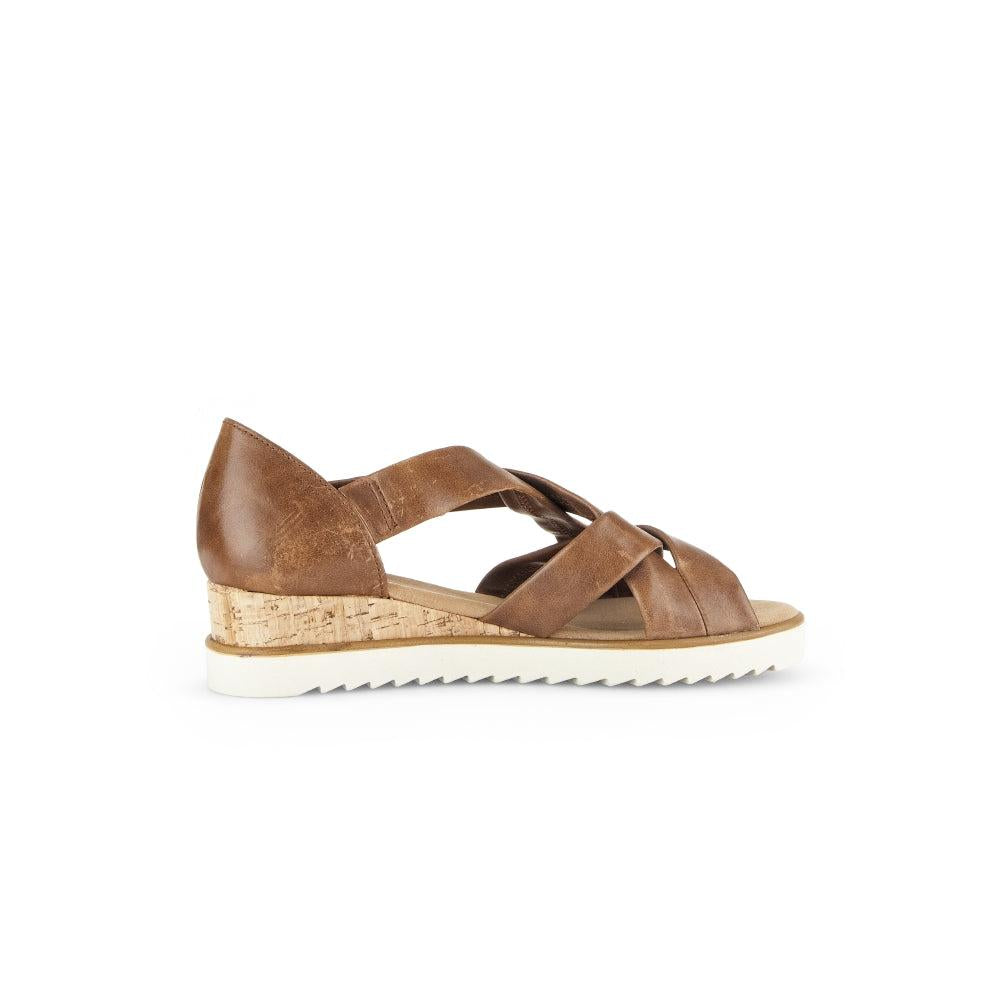 Gabor women's brown leather slip-on sandals with braided straps and cork wedge sole.