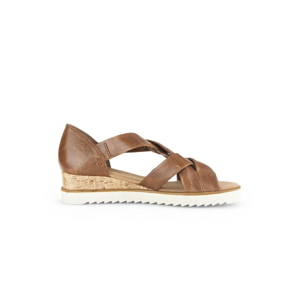 Gabor Women's Brown Leather Slip-On Sandals with cork wedge and white rubber sole, casual summer footwear.