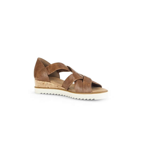 Gabor Ladies Brown Leather Slip-On Sandals with cork wedge and white serrated sole.