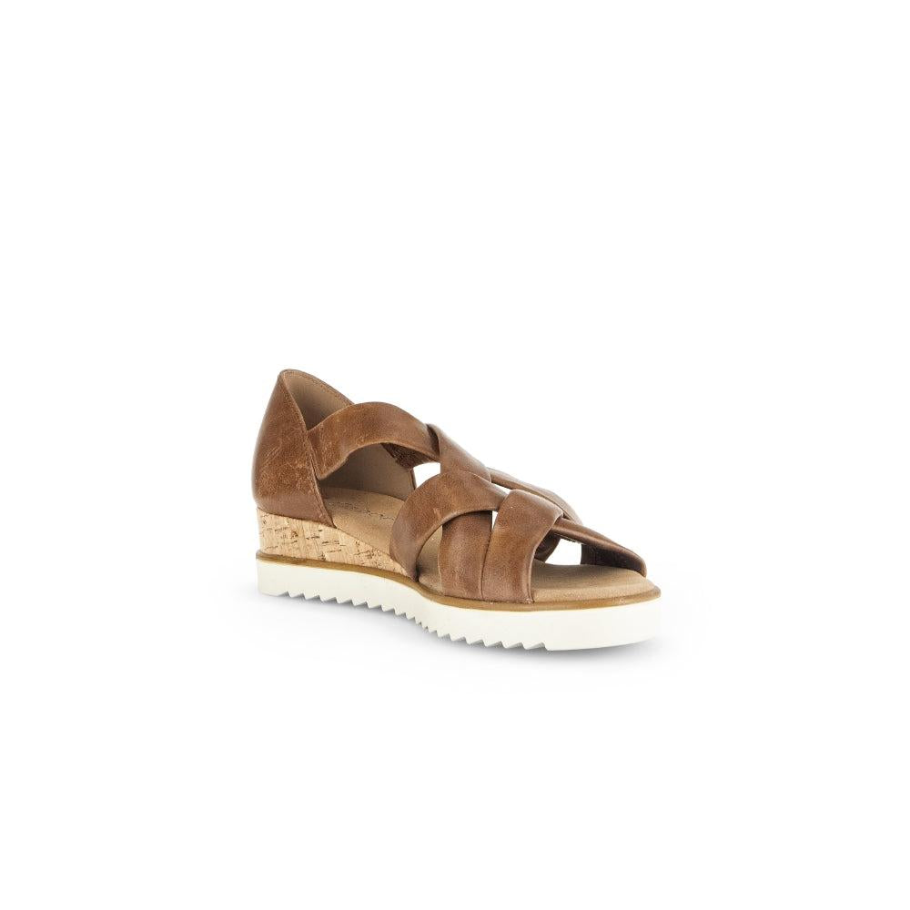 Gabor women's brown leather slip-on wedge sandals with crisscross straps and white rugged sole.