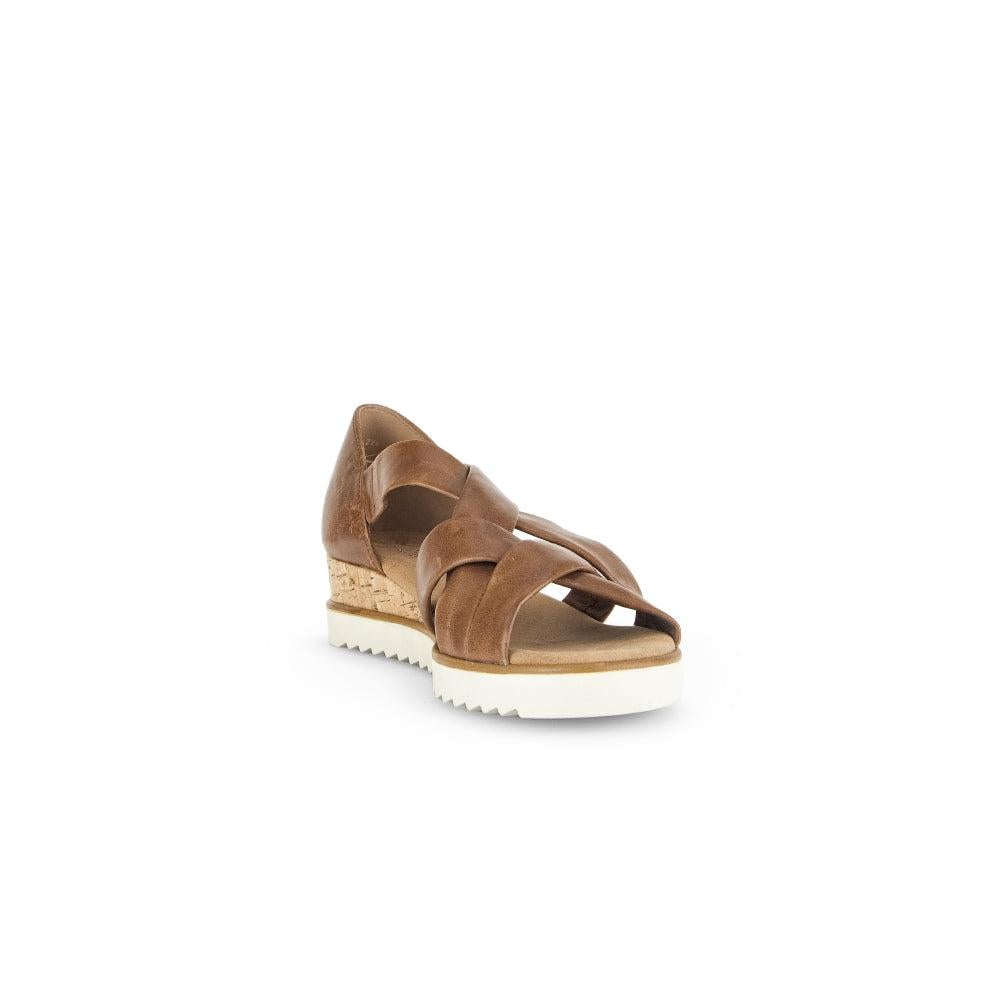 Gabor women's brown leather slip-on wedge sandals with cork heel and white ridged sole.