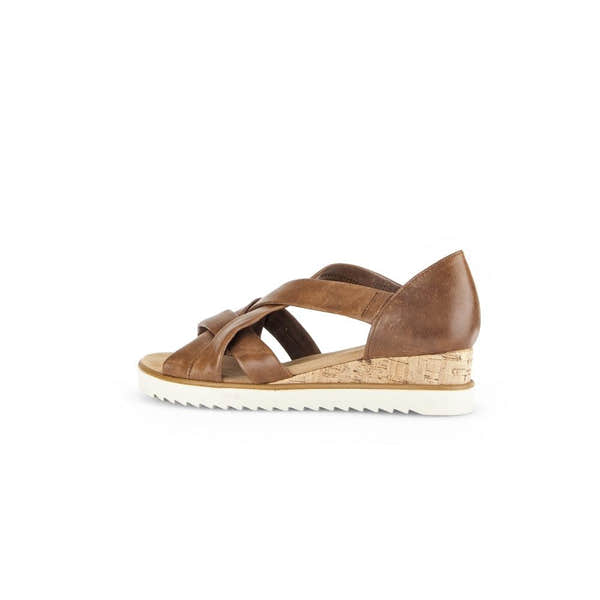 Gabor women's brown leather slip-on wedge sandals with crisscross straps and cork heel.