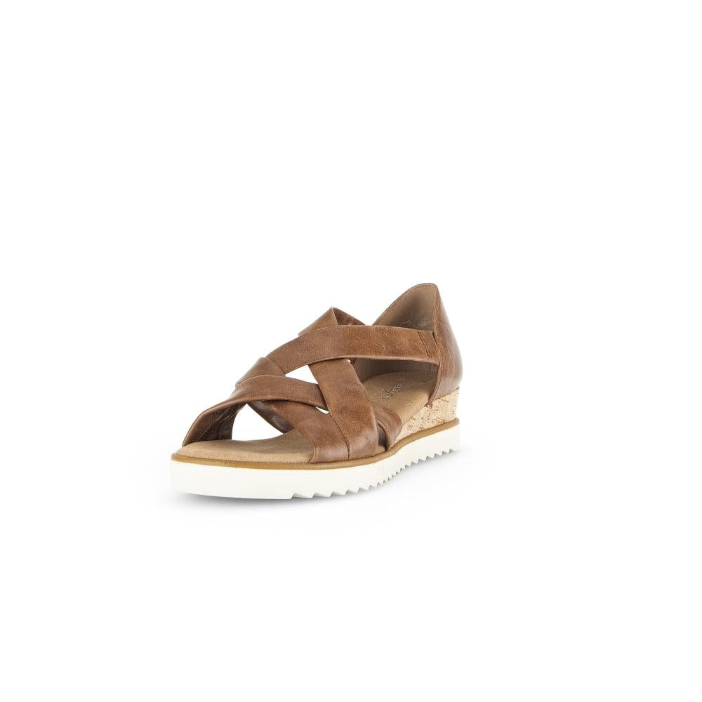 Gabor women's brown leather slip-on wedge sandals with crisscross straps and white rubber sole.
