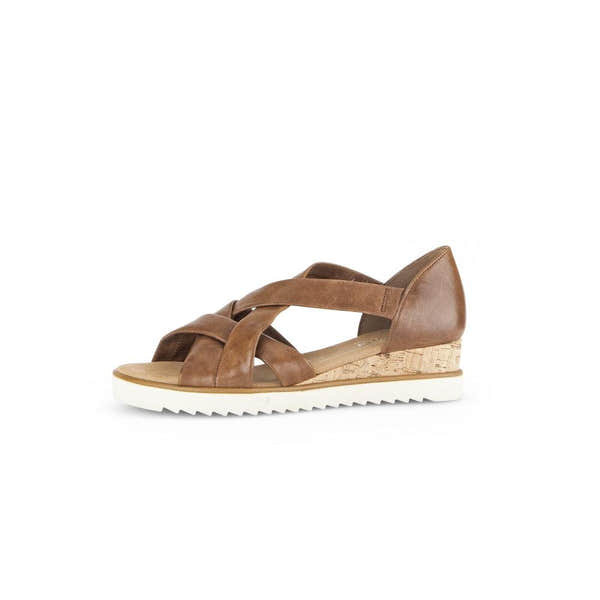Gabor women’s brown leather slip-on wedge sandals with cork sole and white rubber outsole.