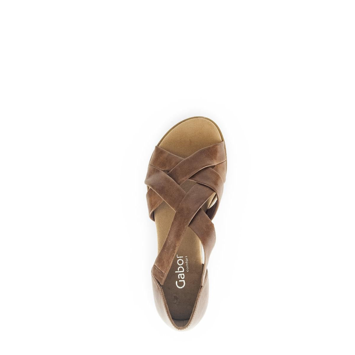 Gabor women's brown leather slip-on sandals with crisscross straps and cushioned insole.