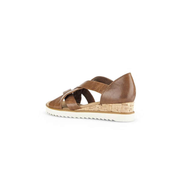 Gabor women's brown leather slip-on sandals with straps and cork wedge sole, featuring white rubber outsole.