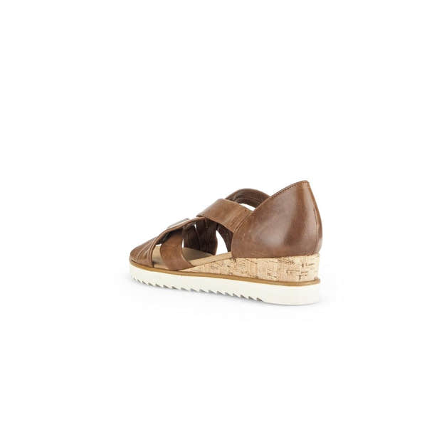 Gabor women's brown leather slip-on sandals with cork wedge sole and white rubber outsole.