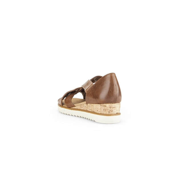 Gabor women's brown leather slip-on wedge sandals with cork heel and white rubber sole.