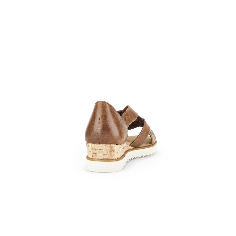 Gabor women's brown leather slip-on sandal with cork wedge and white rubber sole.
