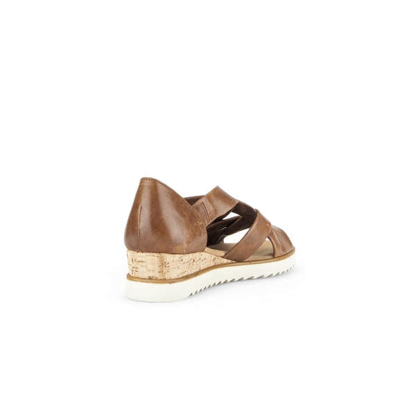 Gabor women's brown leather slip-on wedge sandals with cork heel and white sole.