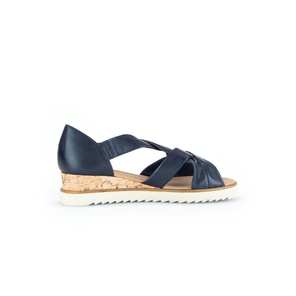Gabor 62.782.56 women's navy leather slip-on sandals with cork wedge and white grooved outsole.