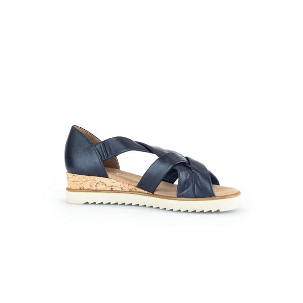 Gabor women's navy leather slip-on sandals with cork wedge heel and white sole.