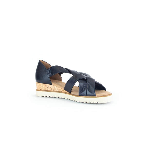 Gabor women's navy leather slip-on sandals with twisted straps, cork-style wedge heel, and white rubber outsole.