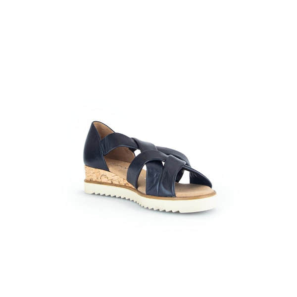 Gabor Ladies Navy Leather Slip-On Sandals with cork wedge heel and white rubber sole, stylish and comfortable footwear.