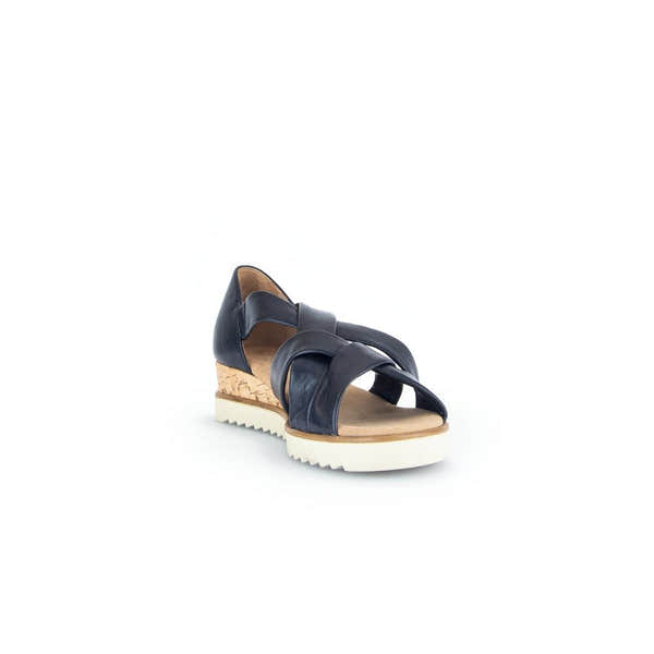 Gabor Ladies Navy Leather Slip-On Wedge Sandals with Cork Heel and White Sole, stylish and comfortable women's footwear.