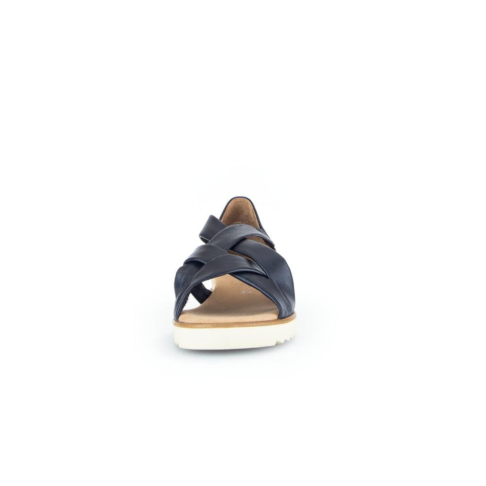 Gabor women's navy leather slip-on sandals with crisscross straps and white sole, stylish and comfortable for summer wear.