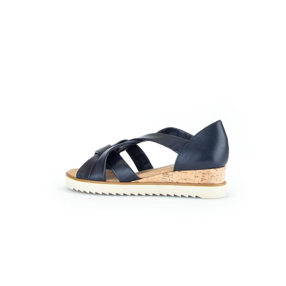 Gabor women's navy leather slip-on sandals with cork wedge heel and white rubber sole, stylish and comfortable footwear.