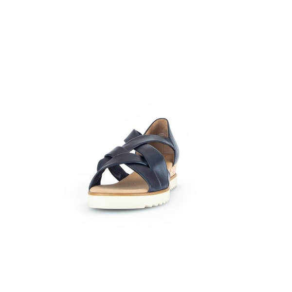 Gabor Ladies Navy Leather Slip-On Sandals with crisscross straps and white sole.
