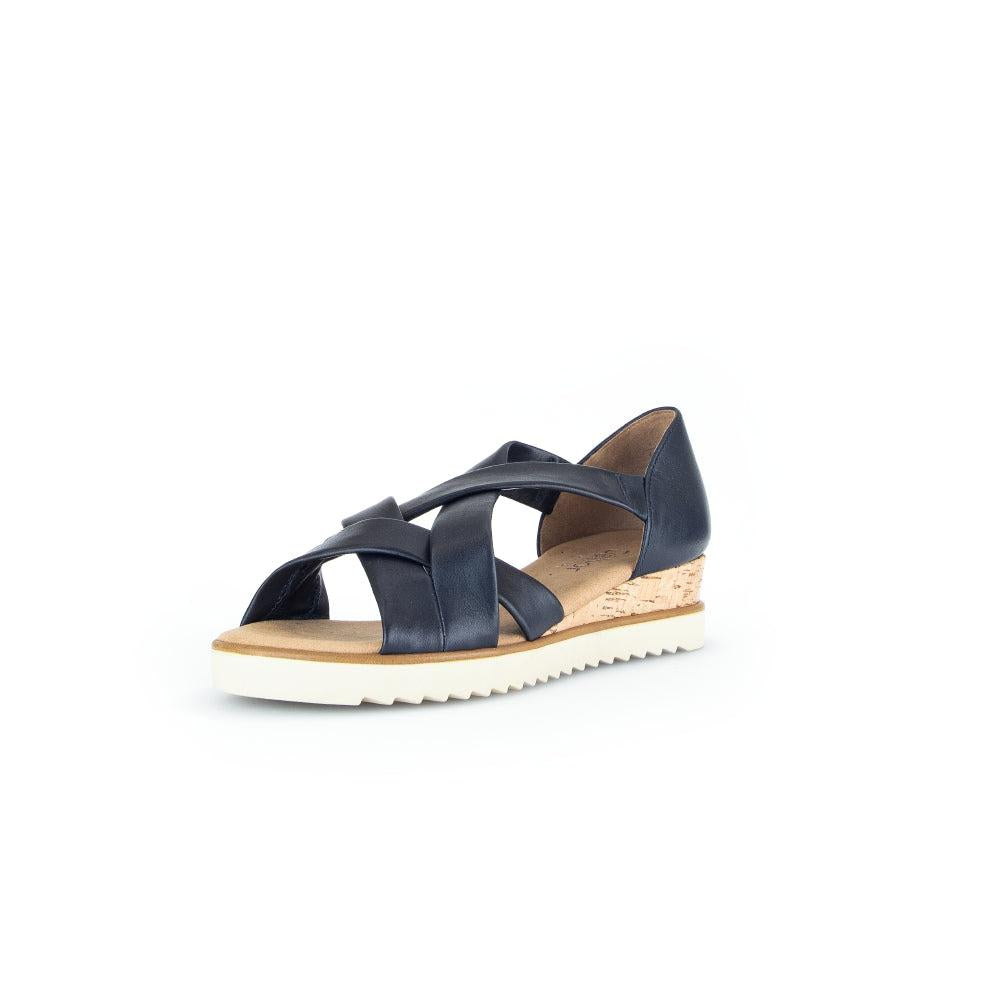 Gabor Ladies Navy Leather Slip-On Sandals with cork wedge and white ridged sole.