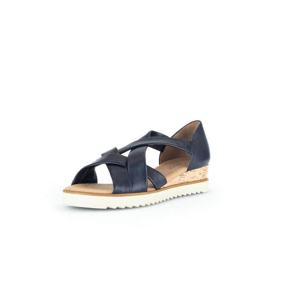 Gabor Ladies Navy Leather Slip-On Sandals with cork wedge and white ridged sole.