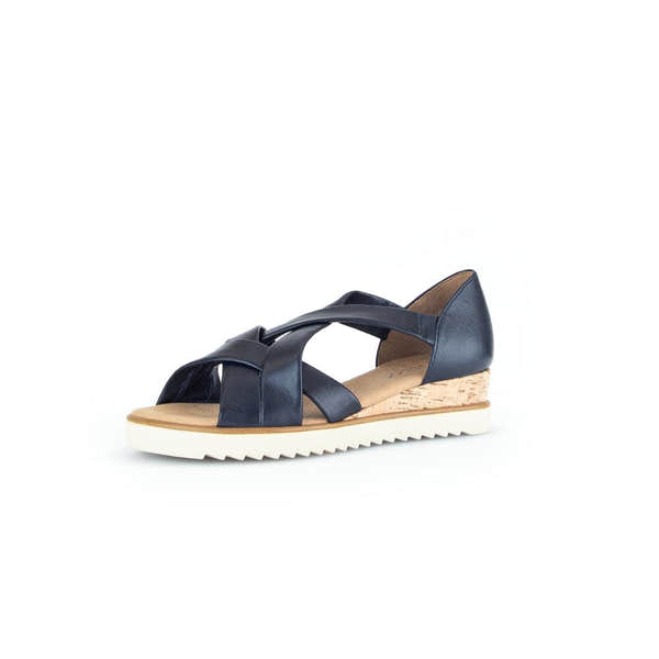 Gabor Ladies Navy Leather Slip-On Sandals with cork wedge heel and textured rubber sole.