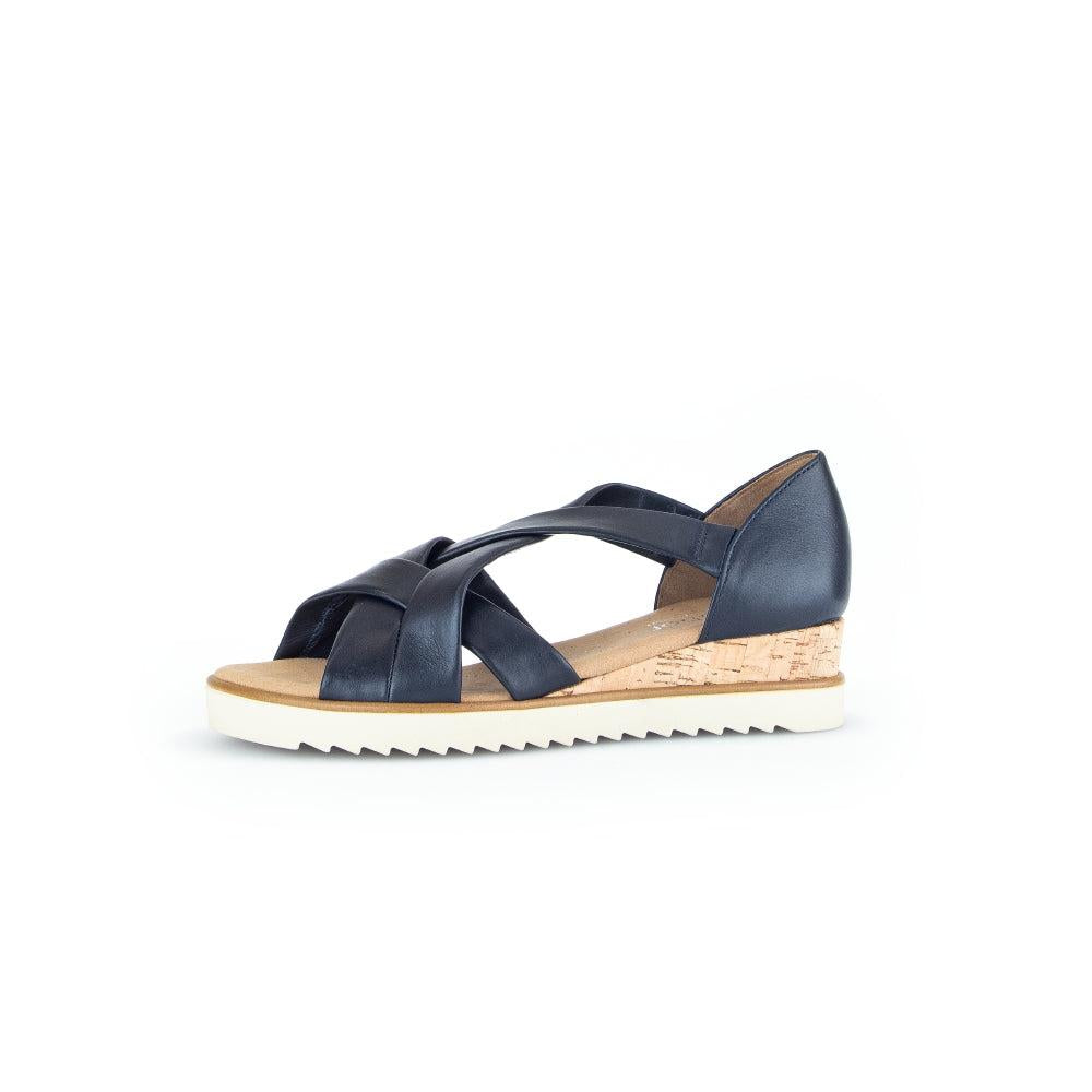 Gabor Ladies Navy Leather Slip-On Sandals with cork wedge sole and white rubber outsole.