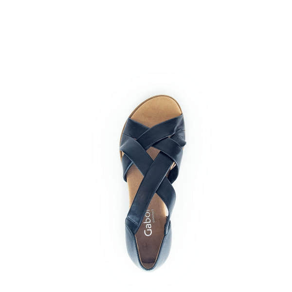 Gabor women's navy leather slip-on sandals with crisscross straps and cushioned footbed.