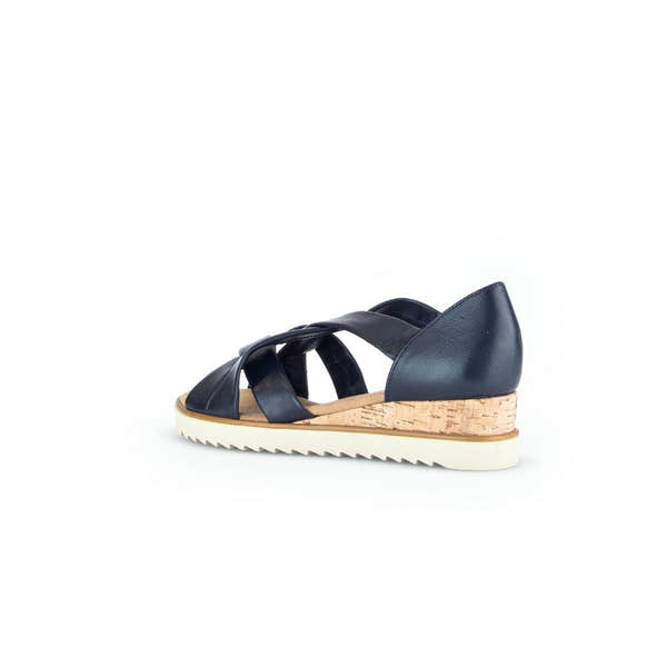 Gabor women's navy leather slip-on sandals with cork wedge heel and white ridged sole.