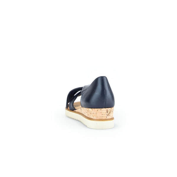 Gabor Ladies Navy Leather Slip-On Sandals with cork wedge heel and white sole.