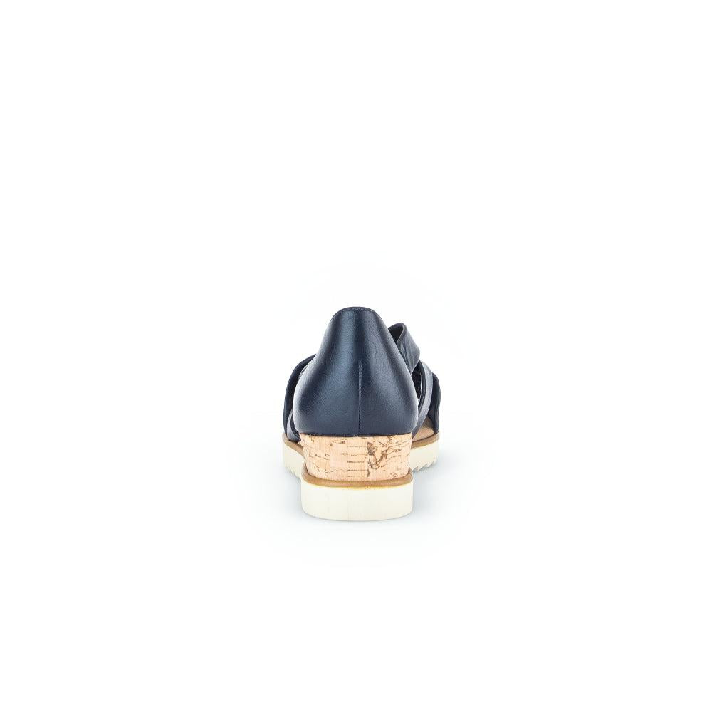 Gabor Ladies Navy Leather Slip-On Sandals with Cork Heel, back view.