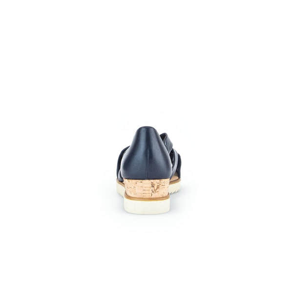 Gabor Ladies Navy Leather Slip-On Sandals with Cork Heel, back view.