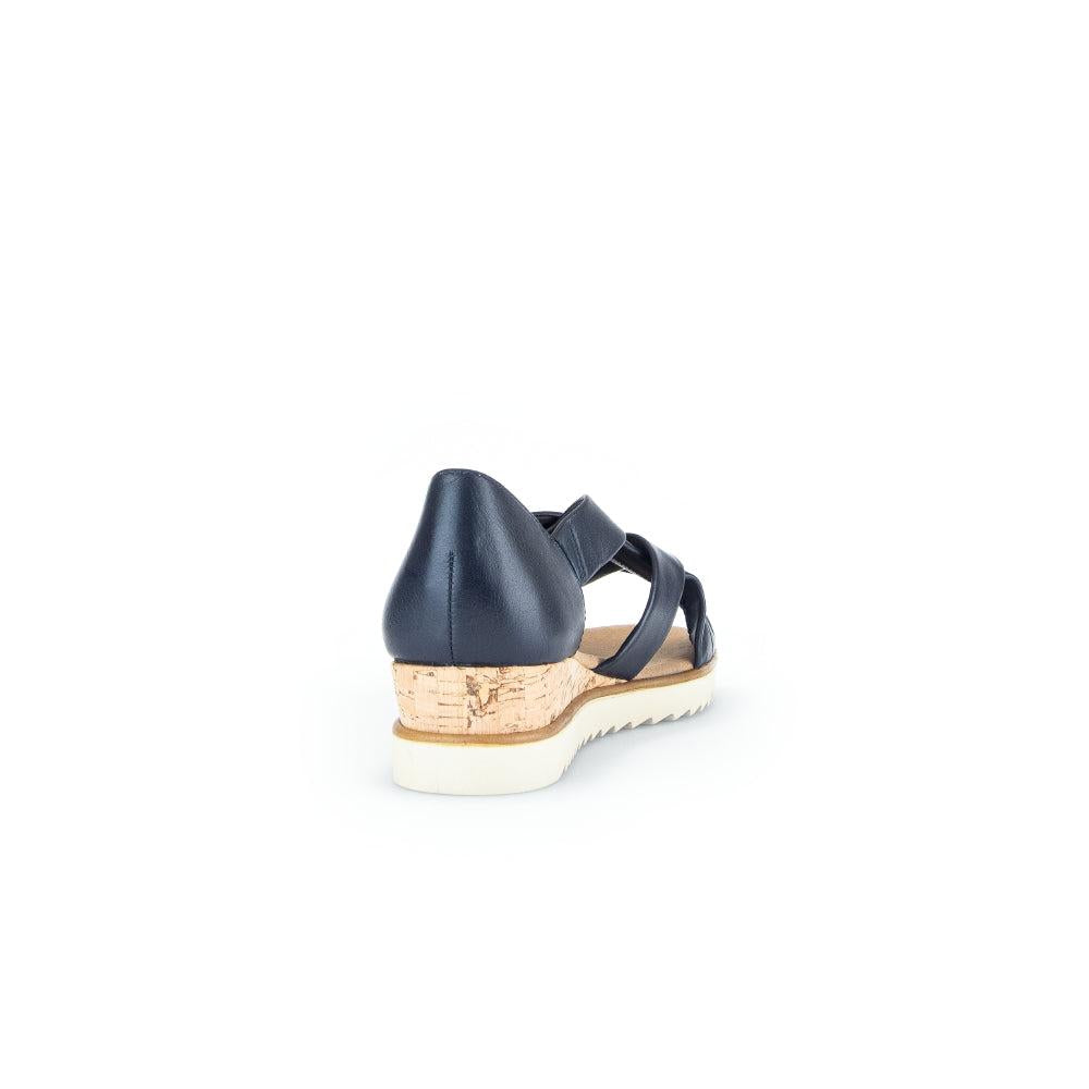 Gabor Ladies Navy Leather Slip-On Sandals with cork wedge and white rubber sole, open toe design.