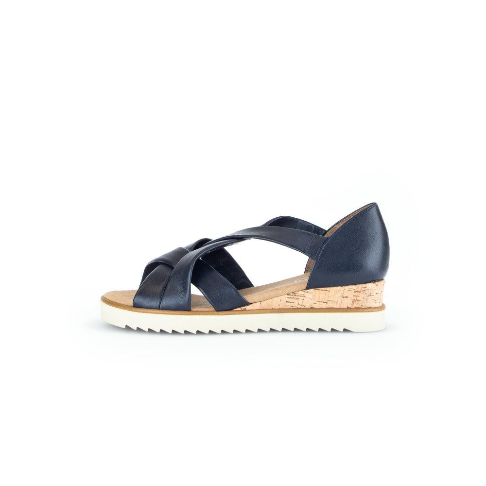 Gabor women's navy leather slip-on sandals with cork wedge heel and white rubber outsole.