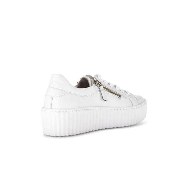 Gabor Dolly Ladies white leather platform trainers with zip and lace-up detailing.