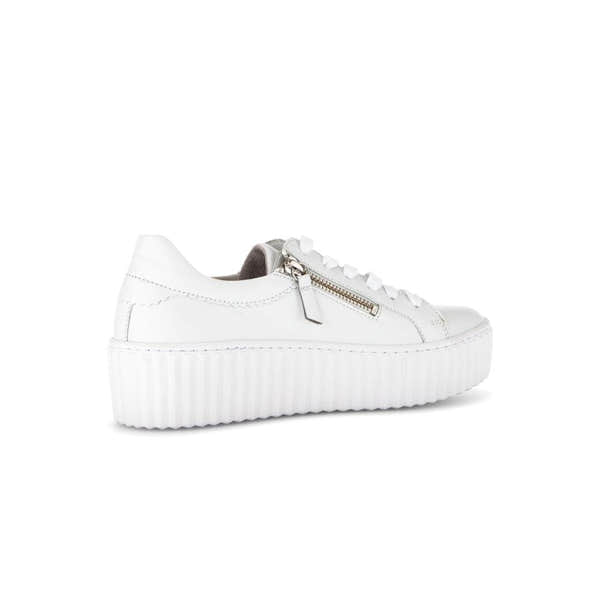 Gabor Dolly Ladies White Leather Sneakers with Zip and Lace-Up Front, Thick Platform Sole.