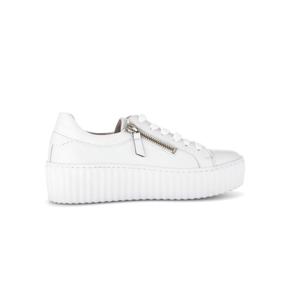 Gabor 63.200.21 Dolly Ladies White Leather Platform Sneakers with zip and lace-up closure.